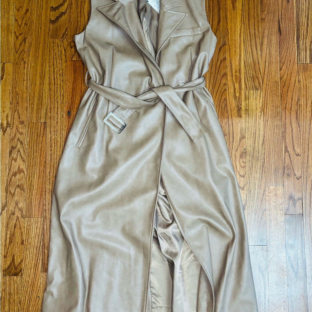 Elegant Tan Sleeveless faux leather Trench Dress